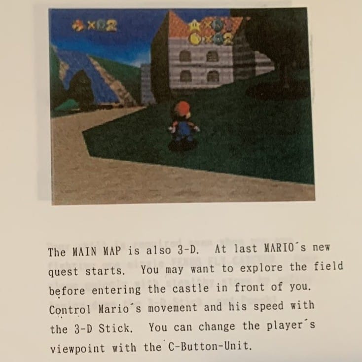 Underneath a screenshot of the game, text reads (in part), "At last MARIO's new quest starts. You may want to explore the field before entering the castle in front of you."